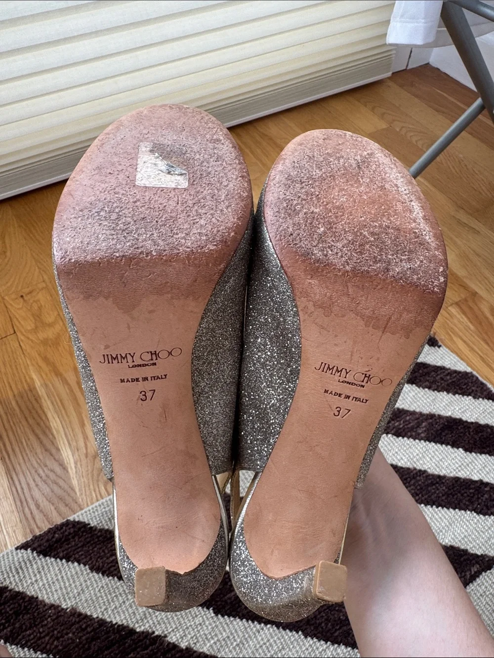 Jimmy Choo Glitter Open-Toe Slingback Heels in Champagne